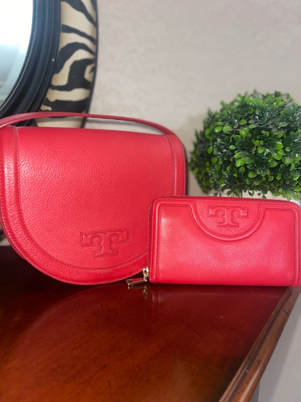 Tory Burch Red Leather Shoulder Bag with Matching Wallet